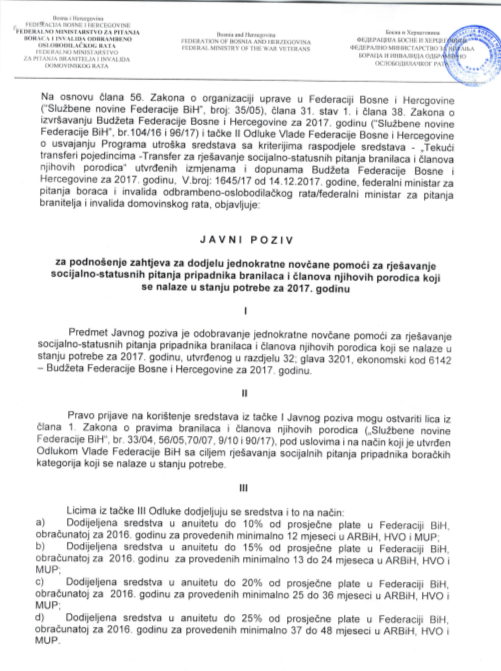 Javni poziv za podnošenje zahtjeva za dodjelu jednokratne pomoći za rješavanje socijalno statusnih branitelja i članova njihovih obitelji