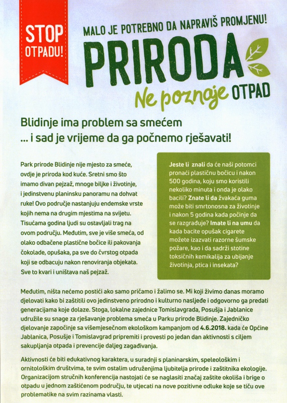 BLIDINJE: Ekološka akcija „Priroda ne poznaje otpad“ (od 4. lipnja)