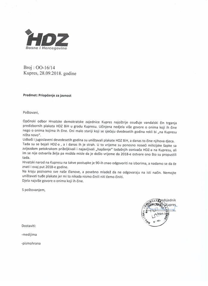 OO HDZ BiH Kupres: Najoštrije osuđujemo vandalski čin trganja plakata HDZ-a BiH u Kupresu