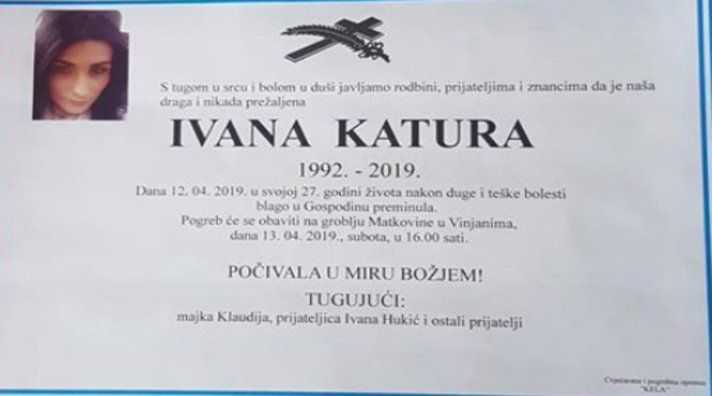 Posljednji ispraćaj Ivane bit će 13. travnja