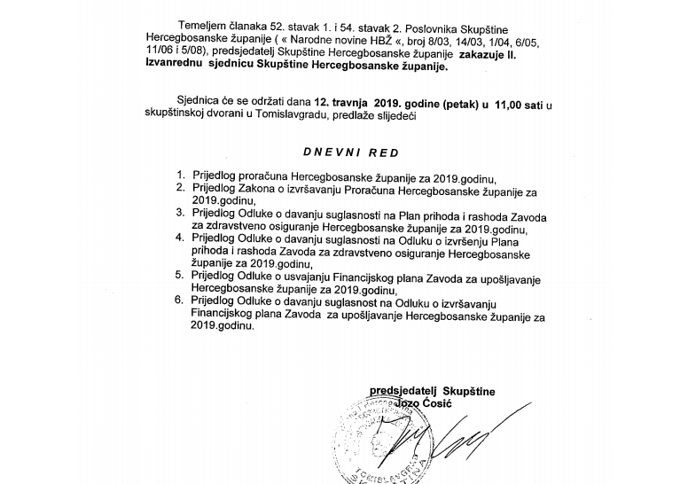 U petak  izvanredna sjednica Skupštine Hercegbosanske županije