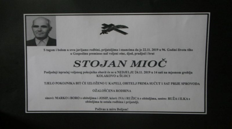OBAVIJEST O SMRTI : Preminuo je Stojan Mioč iz Šujice