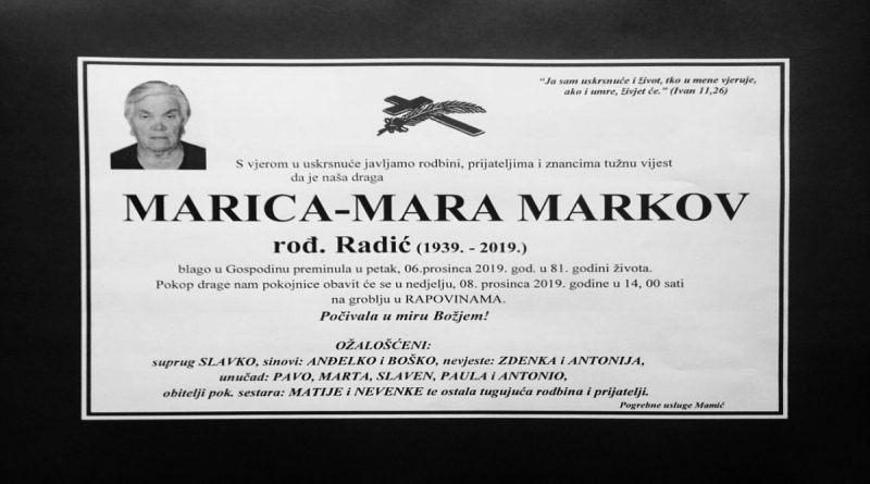 OBAVIJEST O SMRTI: MARICA – MARA MARKOV ROĐ. RADIĆ