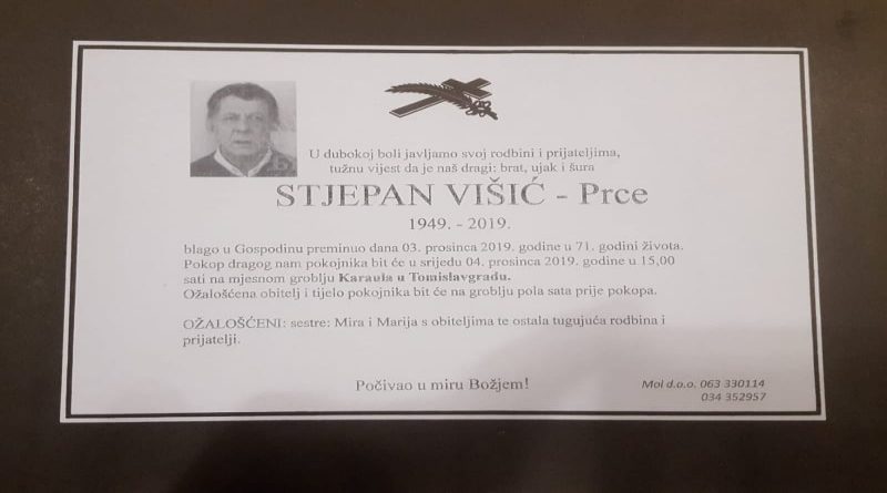 OBAVIJEST O SMRTI : Preminuo je Stjepan Višić – Prce (1949. – 2019.) iz Tomislavgrada