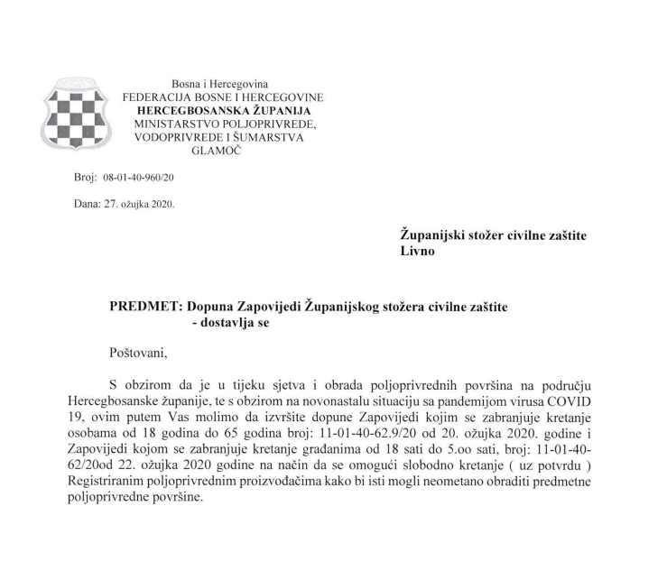 OBAVIJEST IZ MINISTARSTVA POLJOPRIVEDE, VODOPRIVEDE I ŠUMARSTVA