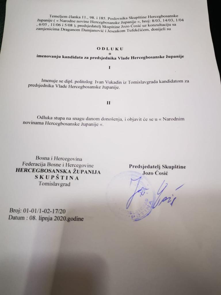 EKSKLUZIVNO: Ivan Vukadin novi mandatar Vlade Hercegbosanske županije