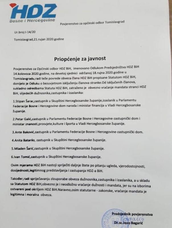 Oni koji se stalno pozivaju na Statut HDZ-a, sada ga krše: Po Statutu HDZ-a BiH člana Središnjeg odbora ne može isključiti Općinski odbor