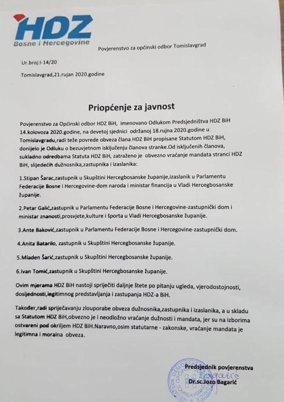 HDZ BiH Tomislavgrad traži da im se obavezno vrate mandati