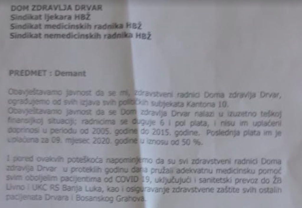 SINDIKAT DZ DRVAR: Demantiramo izjave da tražimo ostavku ministra Bajića, naši problemi datiraju od 2005. god.