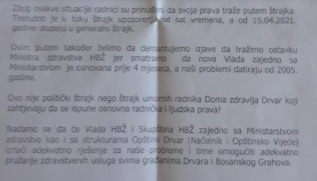 SINDIKAT DZ DRVAR: Demantiramo izjave da tražimo ostavku ministra Bajića, naši problemi datiraju od 2005. god.