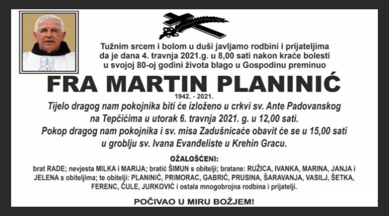 PREMINUO FRA MARTIN PLANINIĆ, ŽUPNIK U KONGORI OD 1974. DO 1977.