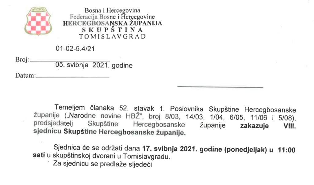 17. svibnja zasjeda Skupština HBŽ, na dnevnom redu 9 točaka