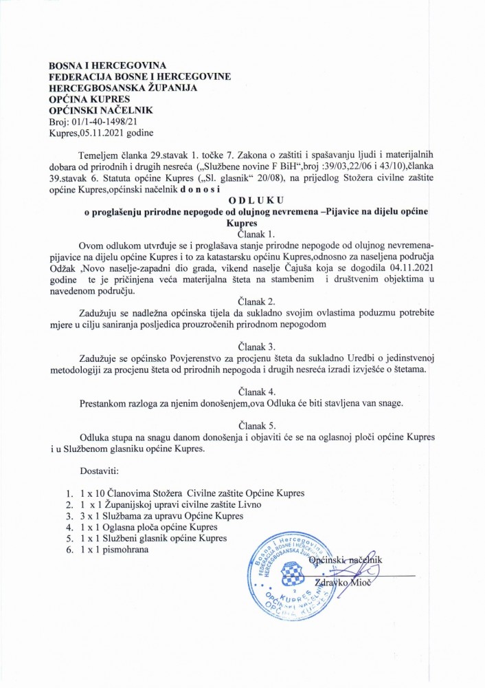 KUPRES: Načelnik Zdravko Mioč donio odluku o proglašenju elementarne nepogode