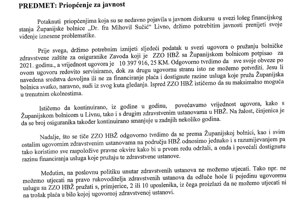 ZAVOD ZA ZDRAVSTVENO OSIGURANJE HBŽ: Je li "rat priopćenjima" i svojevrsno prozivanje drugih relevantnih subjekata u našem zdravstvenom sustavu odraz nemoći??