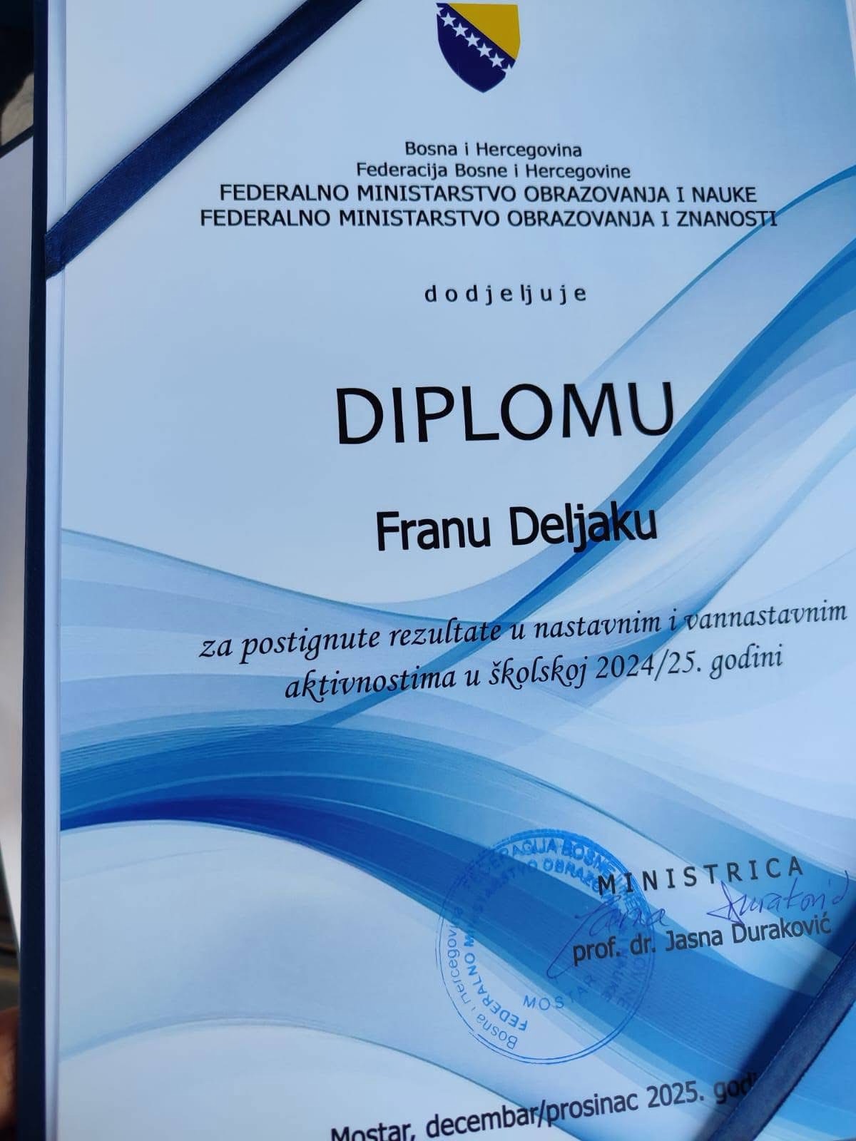 Veliko priznanje za Frana Deljaka i školu u Glamoču na razini Federacije BiH