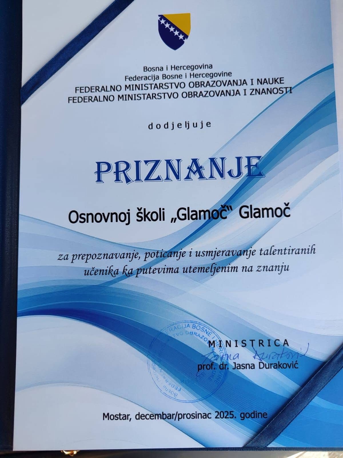 Veliko priznanje za Frana Deljaka i školu u Glamoču na razini Federacije BiH