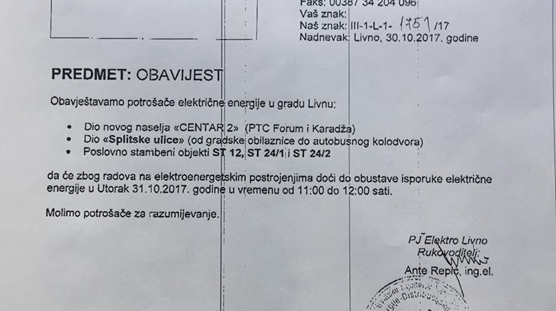 Obavijest o nestanku električne energije