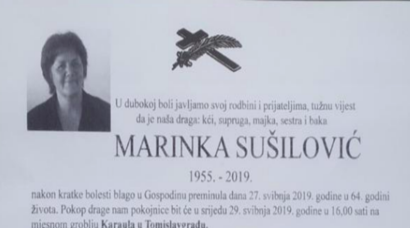 Posljednji ispraćaj Marinke Sušilović bit će 29. svibnja u Tomislavgradu