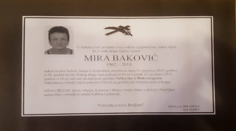 OBAVIJEST O SMRTI : Preminula je Mira Baković (1962. – 2019.)