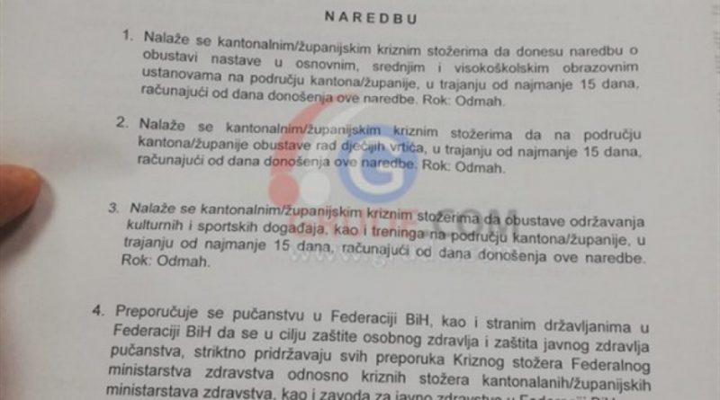 KRIZNI STOŽER FBIH ŽUPANIJAMA: Odmah Obustavite nastavu!