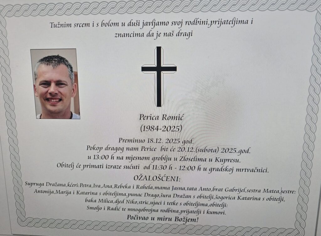 OBAVIJEST O SMRTI: Preminuo je Perica Romić (1984. – 2025.)