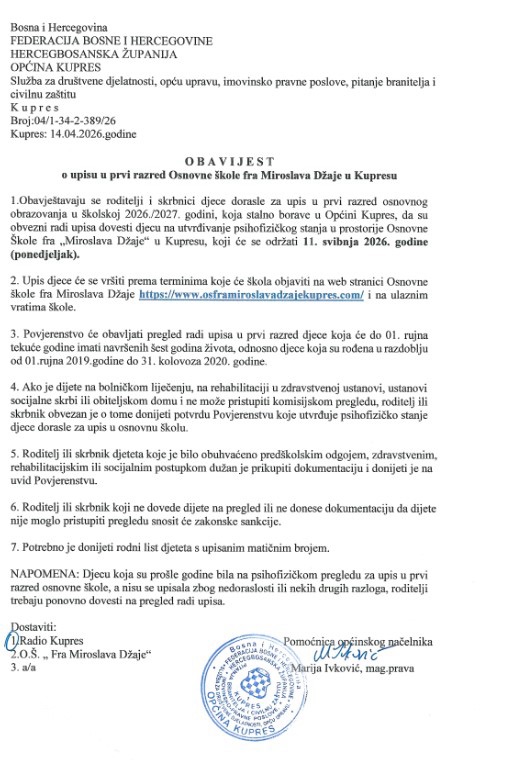 Obavijest o upisu u prvi razred Osnovne škole fra Miroslava Džaje u Kupresu